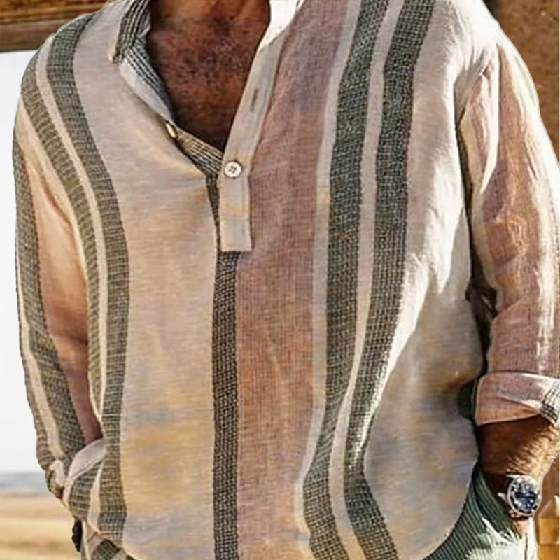 Alfred | Gestreept overhemd met V-hals in katoen linnen