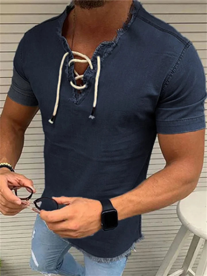 Hugo - Gescheurd denim shirt met V-hals en koord