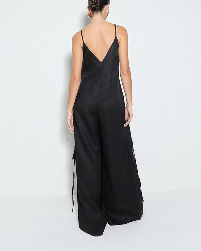 Thora | Effen kleur rits jumpsuit met wijde pijpen