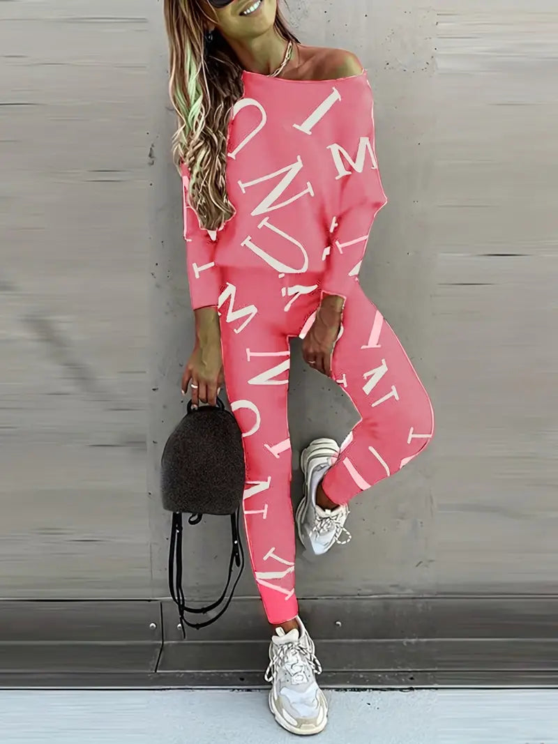 Casual tweedelige set met ronde hals, tops met lange mouwen en slanke broeken