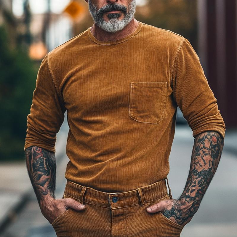 Austin | Vintage camelkleurig corduroy T-shirt met lange mouwen