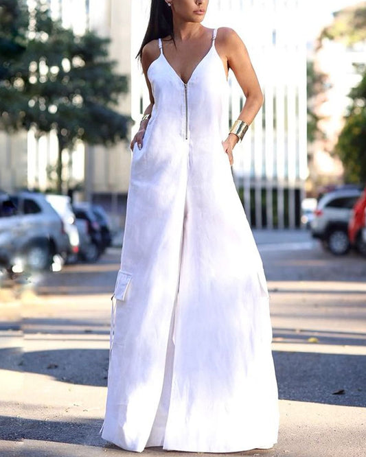 Thora | Effen kleur rits jumpsuit met wijde pijpen