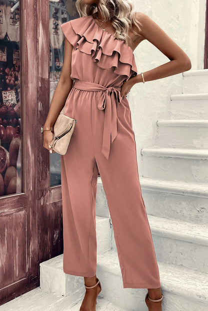 Rosanna | Stoffig roze jumpsuit met één schouder en ruches