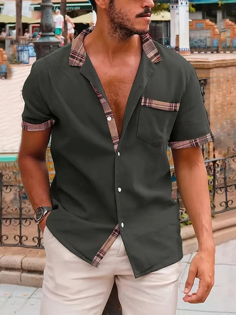 Comfortabel geruit overhemd van katoen en linnen met korte mouwen