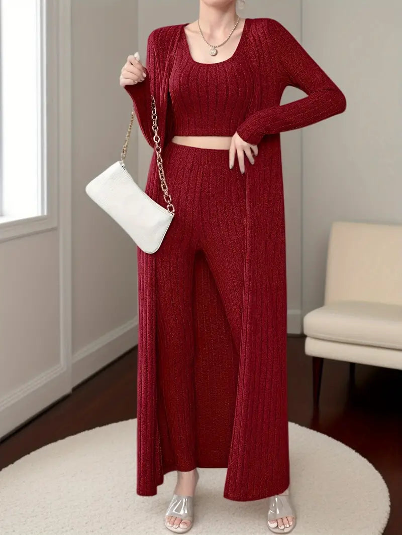 Lulu - Chique set bestaande uit een geribde trio crop tanktop, vest met lange mouwen en broek met hoge taille