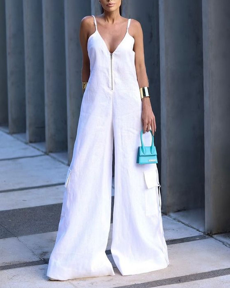 Thora | Effen kleur rits jumpsuit met wijde pijpen