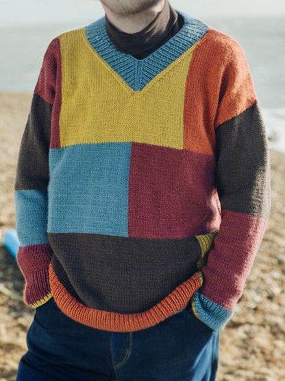 Lysander | Kleurrijke casual patchwork V-hals trui