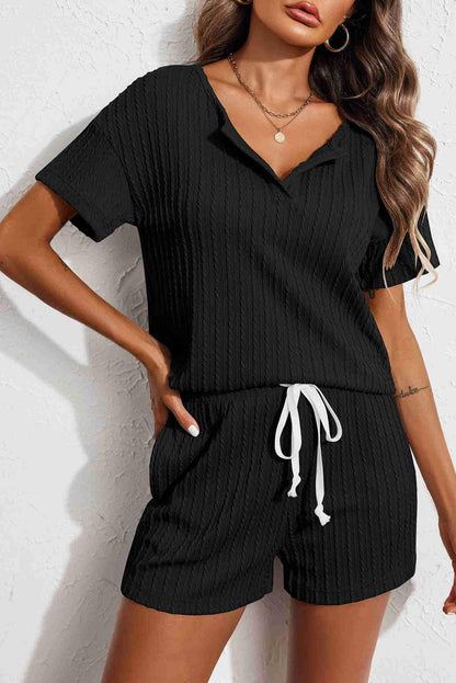 Kornelia | Jacquard V Neck Tee and Drawstring Shorts Set