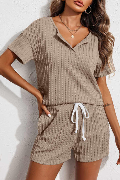 Kornelia | Jacquard V Neck Tee and Drawstring Shorts Set