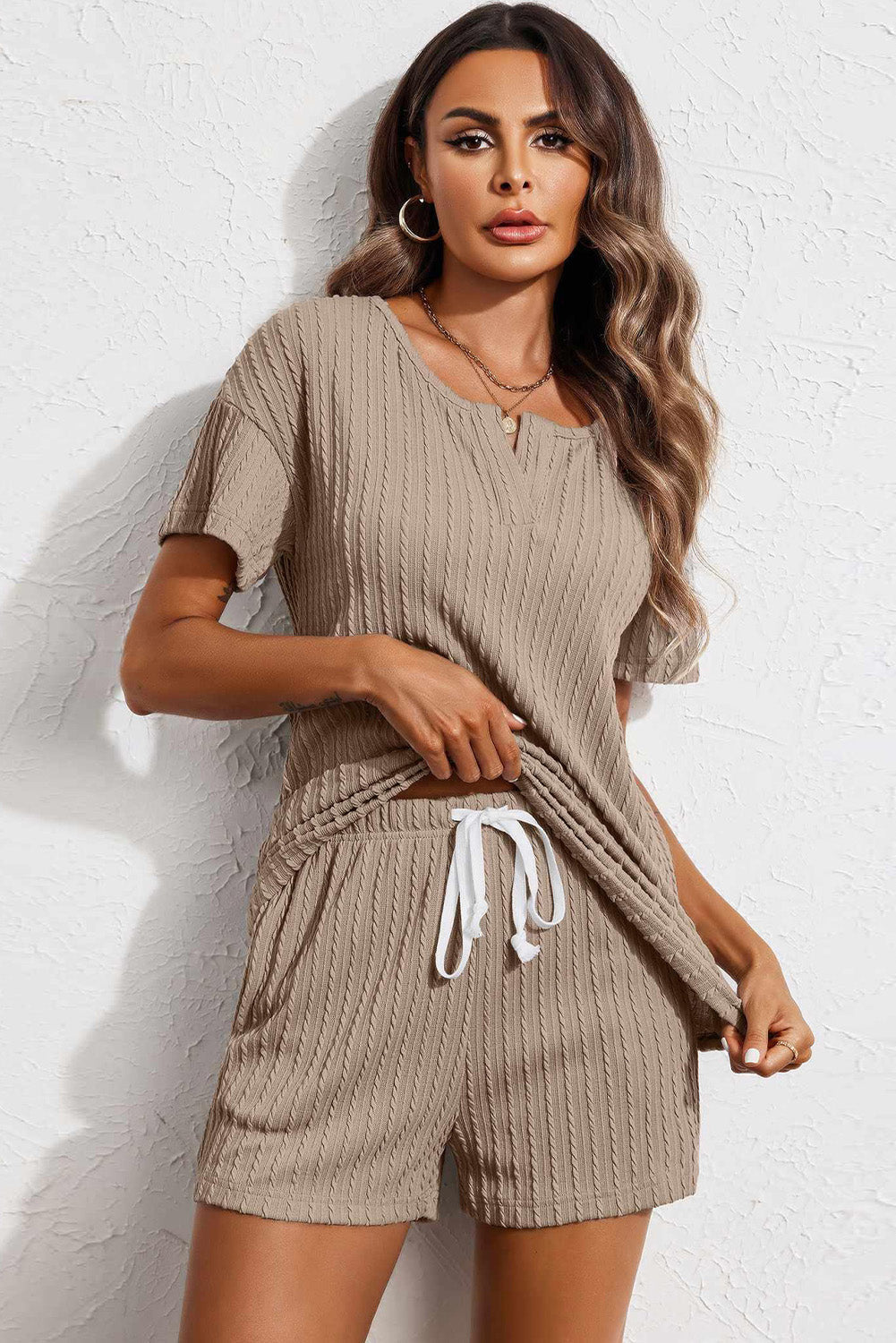 Kornelia | Jacquard V Neck Tee and Drawstring Shorts Set