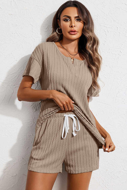 Kornelia | Jacquard V Neck Tee and Drawstring Shorts Set