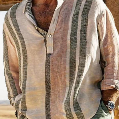 Alfred | Gestreept overhemd met V-hals in katoen linnen