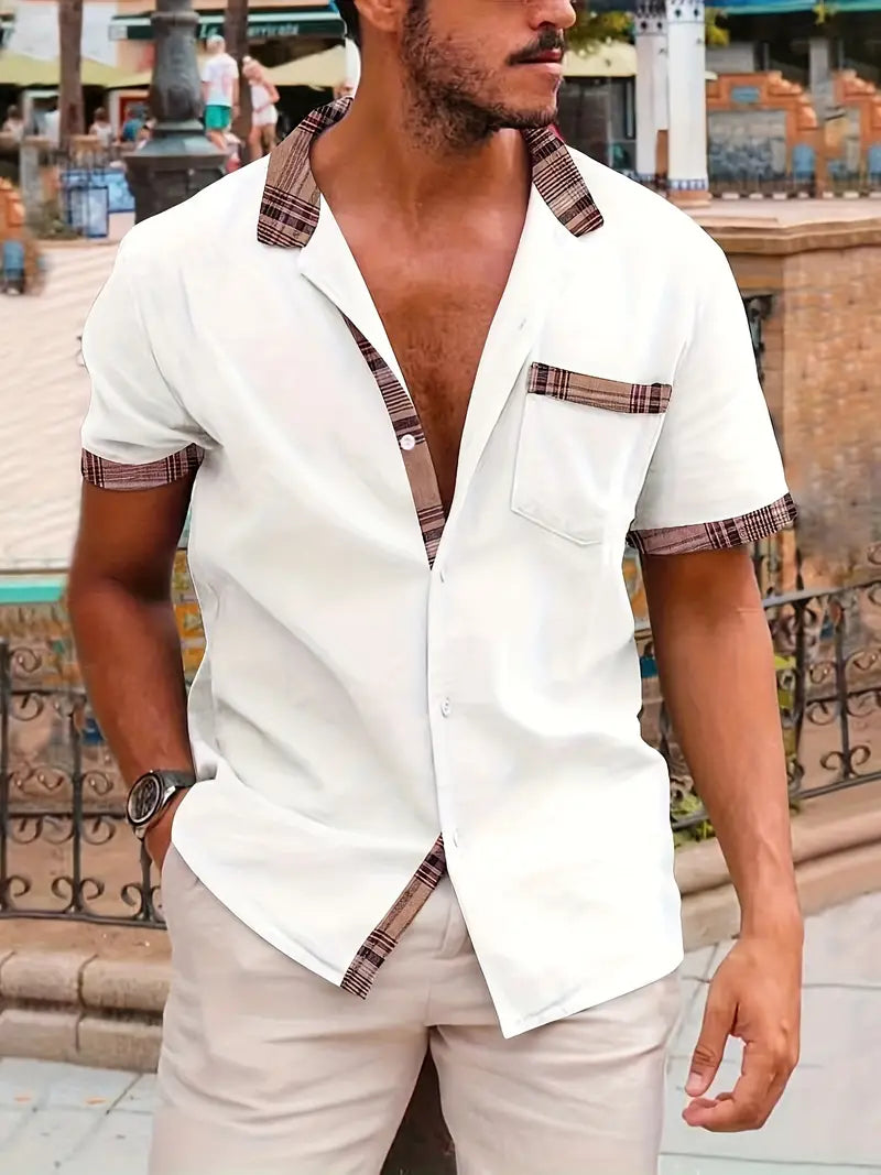 Comfortabel geruit overhemd van katoen en linnen met korte mouwen