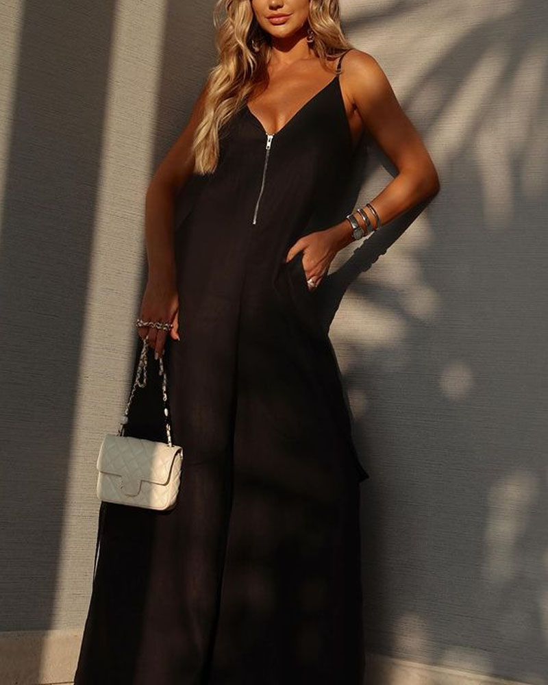 Thora | Effen kleur rits jumpsuit met wijde pijpen