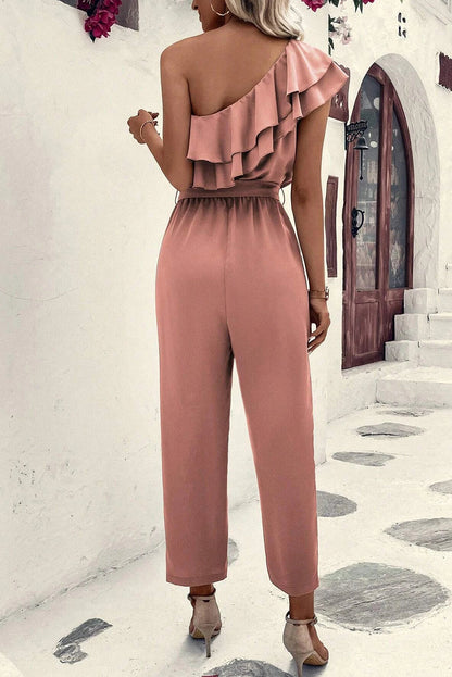 Rosanna | Stoffig roze jumpsuit met één schouder en ruches