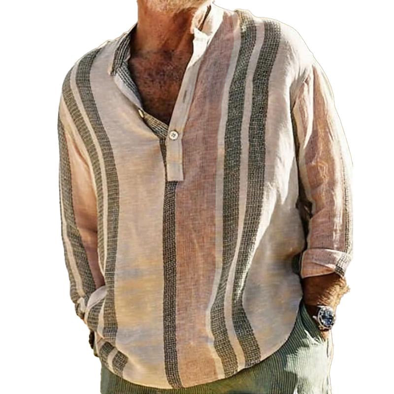 Alfred | Gestreept overhemd met V-hals in katoen linnen