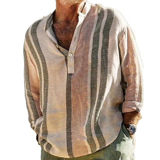 Alfred | Gestreept overhemd met V-hals in katoen linnen