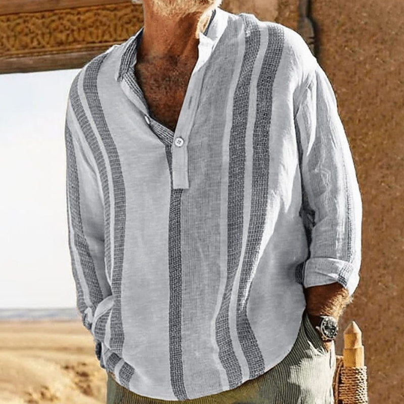 Alfred | Gestreept overhemd met V-hals in katoen linnen