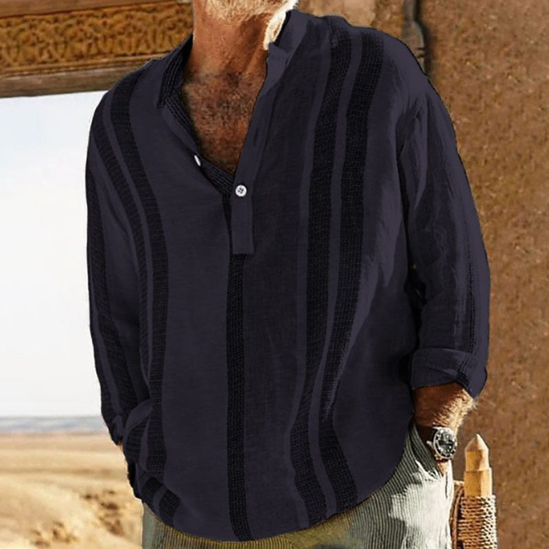 Alfred | Gestreept overhemd met V-hals in katoen linnen