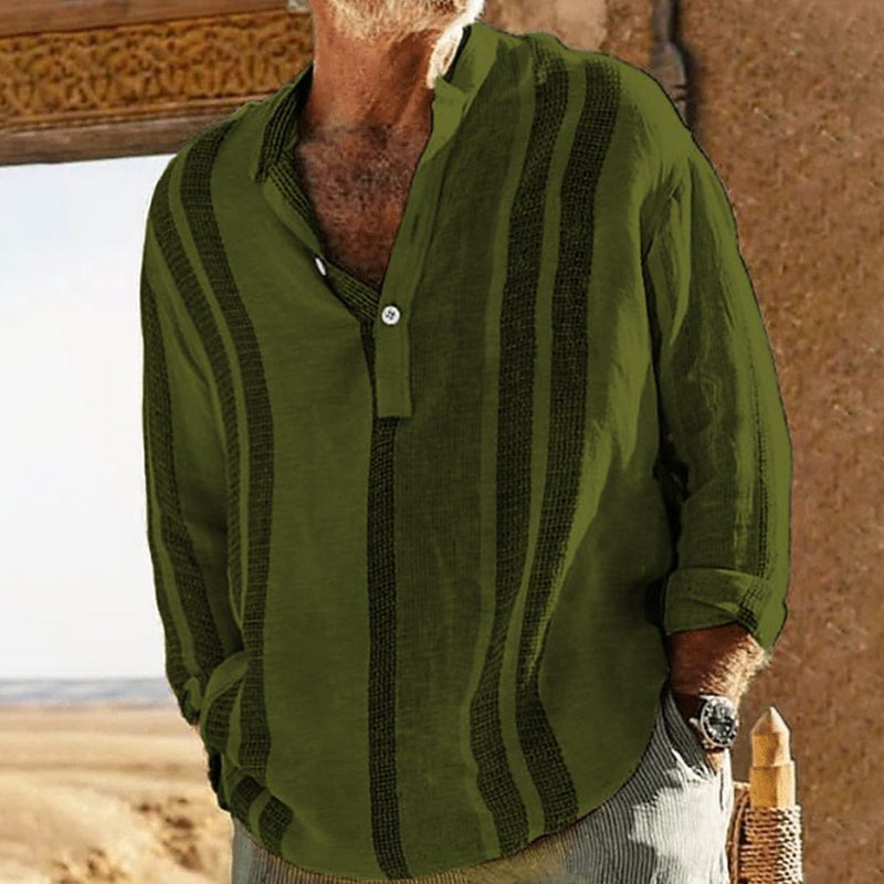 Alfred | Gestreept overhemd met V-hals in katoen linnen