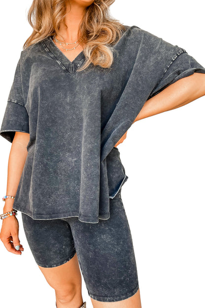 Asma | Zwart mineraal gewassen oversized T-shirt en shortset