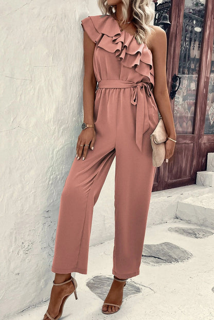 Rosanna | Stoffig roze jumpsuit met één schouder en ruches