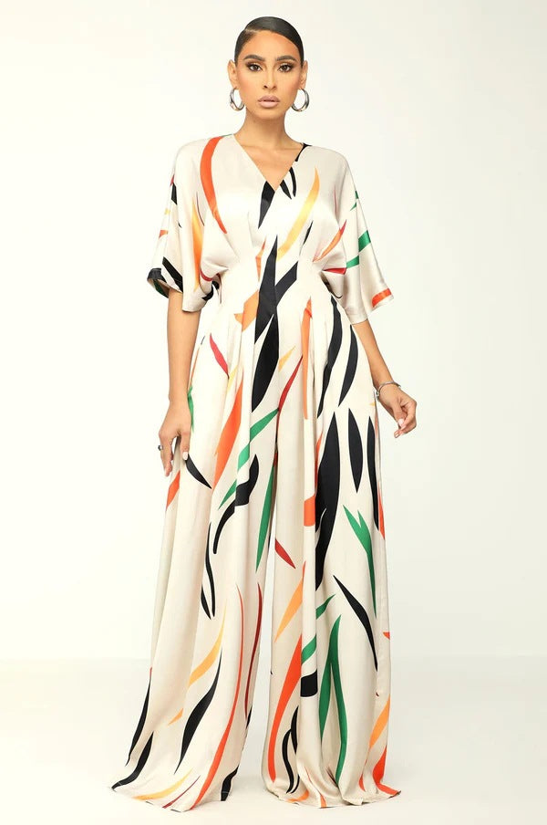 Sidra | Casual print jumpsuit met vleermuishals en mouwen