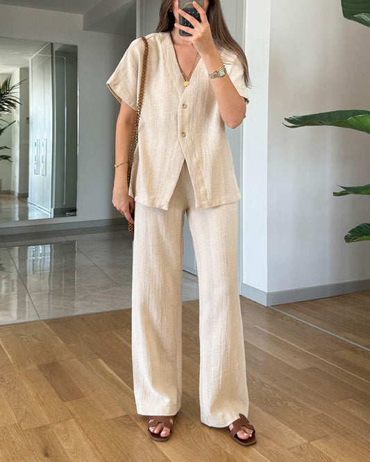 Mariana - Chic V-hals shirt & broek tweedelige set