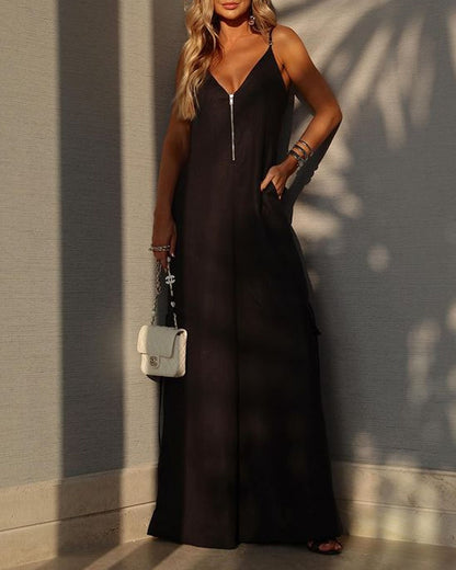 Thora | Effen kleur rits jumpsuit met wijde pijpen