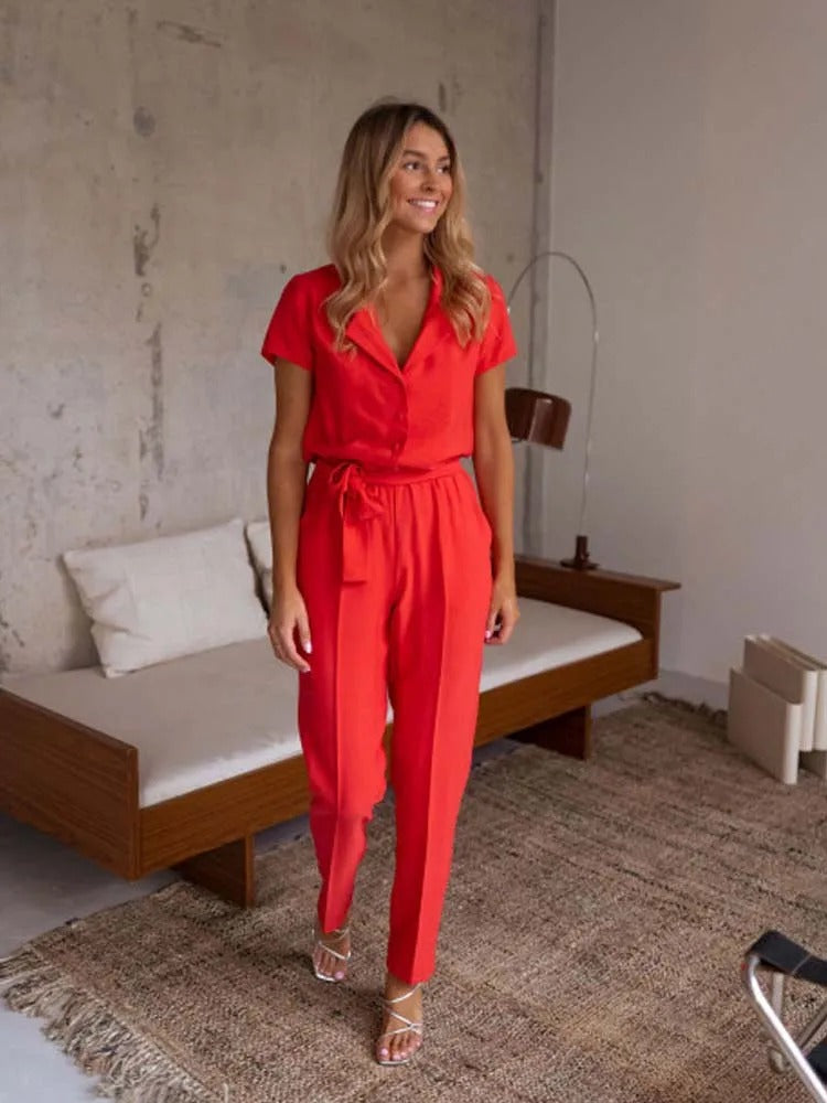 Elisa - elegante casual jumpsuit met v-hals en riem