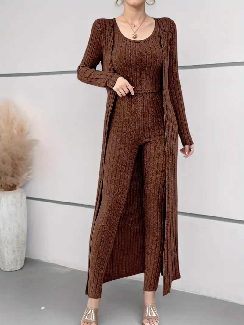 Lulu - Chique set bestaande uit een geribde trio crop tanktop, vest met lange mouwen en broek met hoge taille