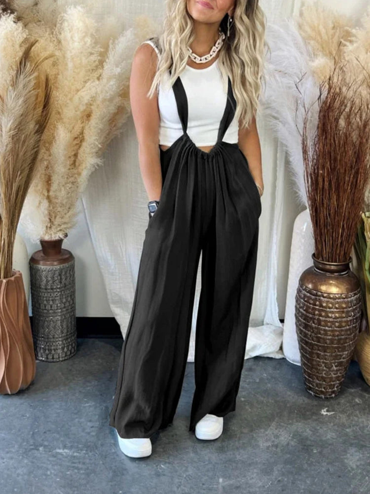 Zendy | Wijdvallende lange wijde pijpen jumpsuit