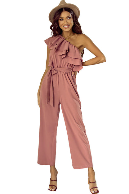Rosanna | Stoffig roze jumpsuit met één schouder en ruches
