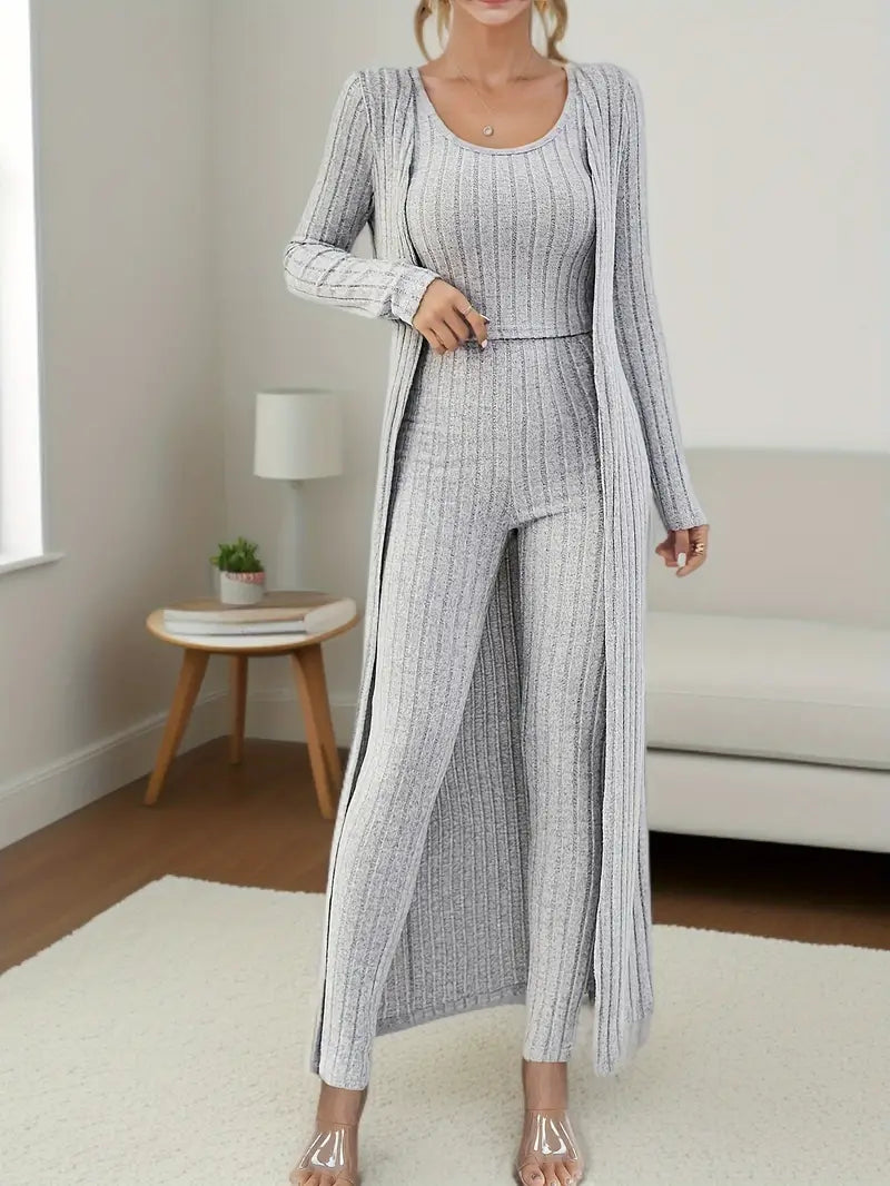 Lulu - Chique set bestaande uit een geribde trio crop tanktop, vest met lange mouwen en broek met hoge taille