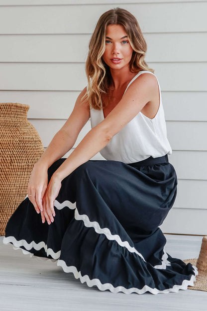 Peppa | Zwart Ricrac Kleurblok Hoge Taille Lange Rok