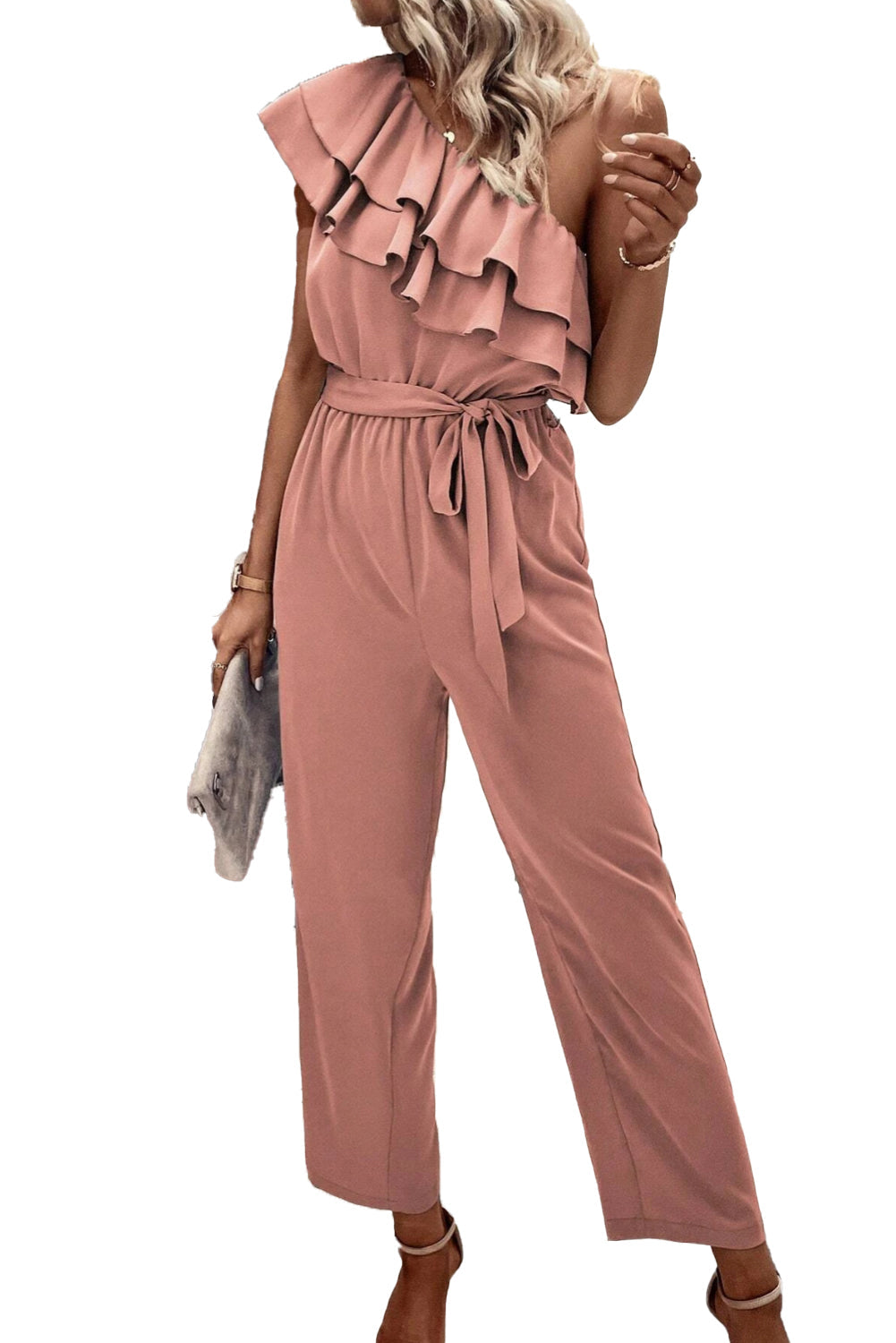 Rosanna | Stoffig roze jumpsuit met één schouder en ruches