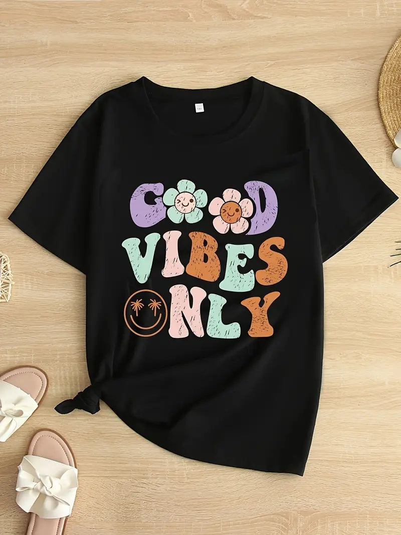 Plus size T-shirt met goede vibes print