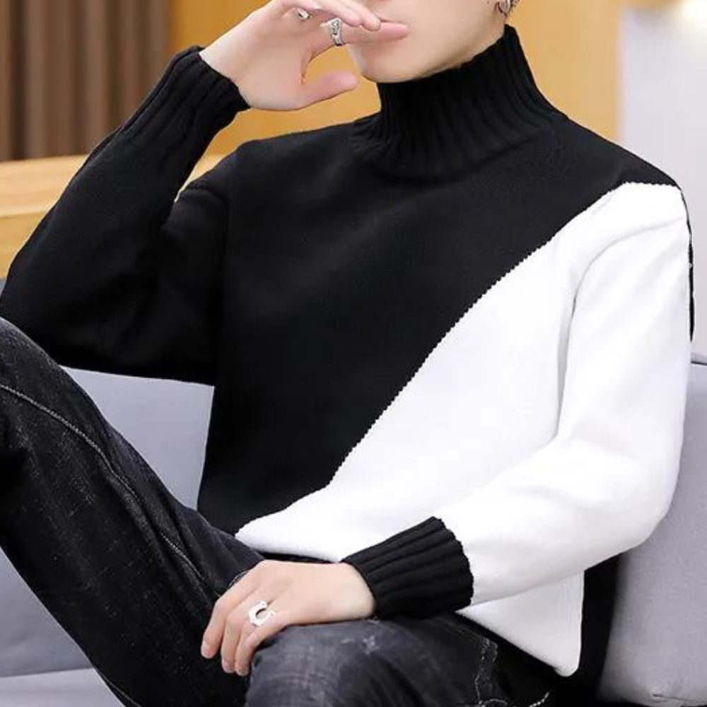 Theron | Trendy trui met hoge kraag en diagonaal kleurcontrast