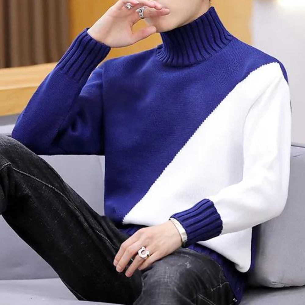 Theron | Trendy trui met hoge kraag en diagonaal kleurcontrast