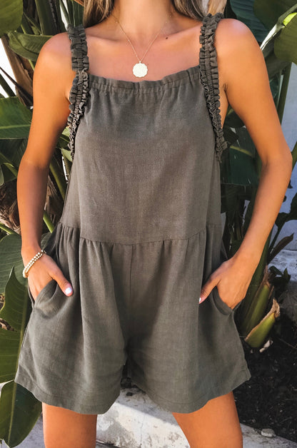 Zoya | Romper met vierkante hals, ruches en zakken