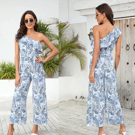 Aggie - Bedrukte jumpsuit met één schouder