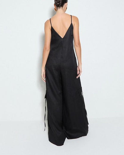 Thora | Effen kleur rits jumpsuit met wijde pijpen