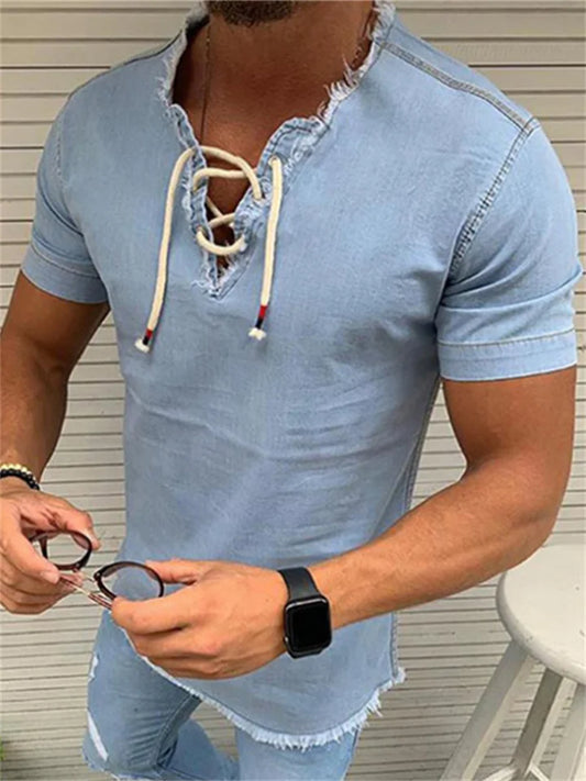 Hugo - Gescheurd denim shirt met V-hals en koord