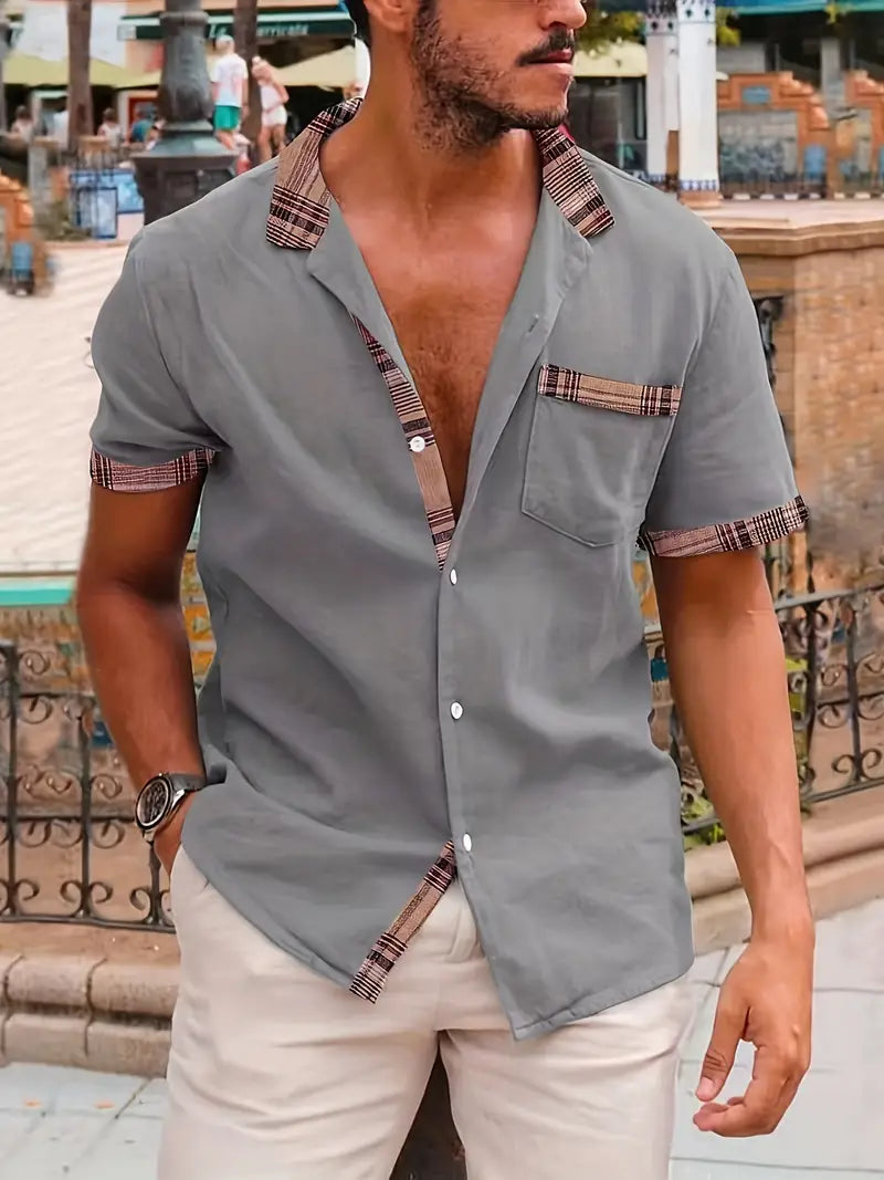 Comfortabel geruit overhemd van katoen en linnen met korte mouwen