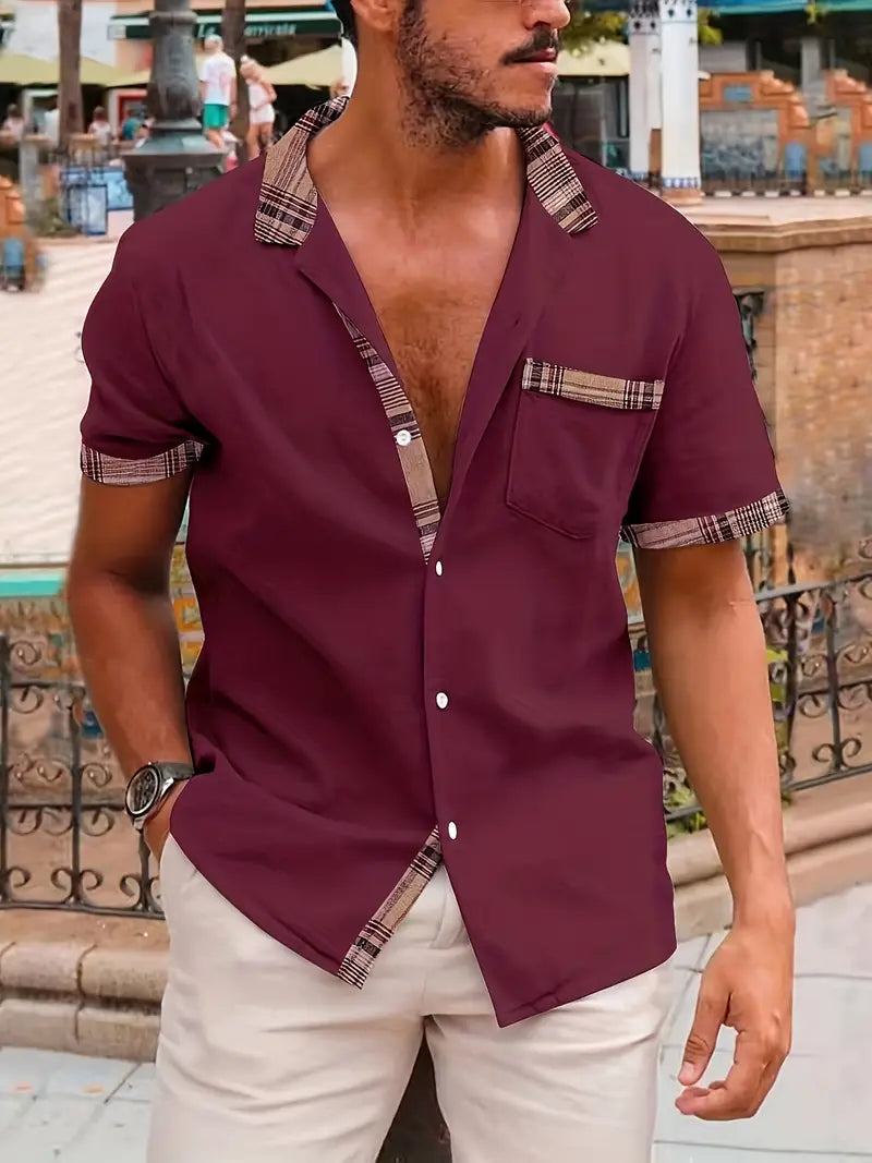 Comfortabel geruit overhemd van katoen en linnen met korte mouwen