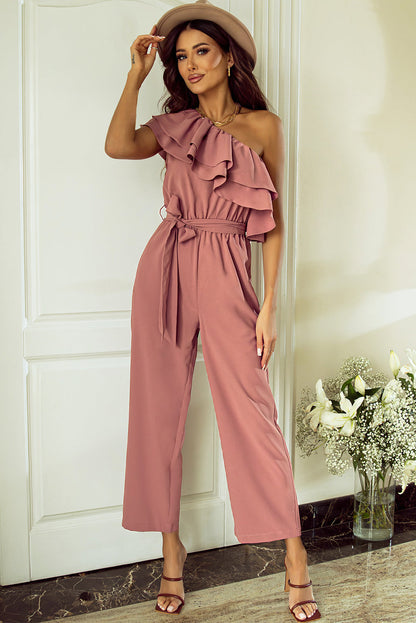 Rosanna | Stoffig roze jumpsuit met één schouder en ruches