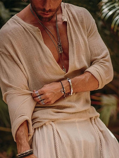 Roderick | Casual Lange Mouw V Hals Linnen Shirt