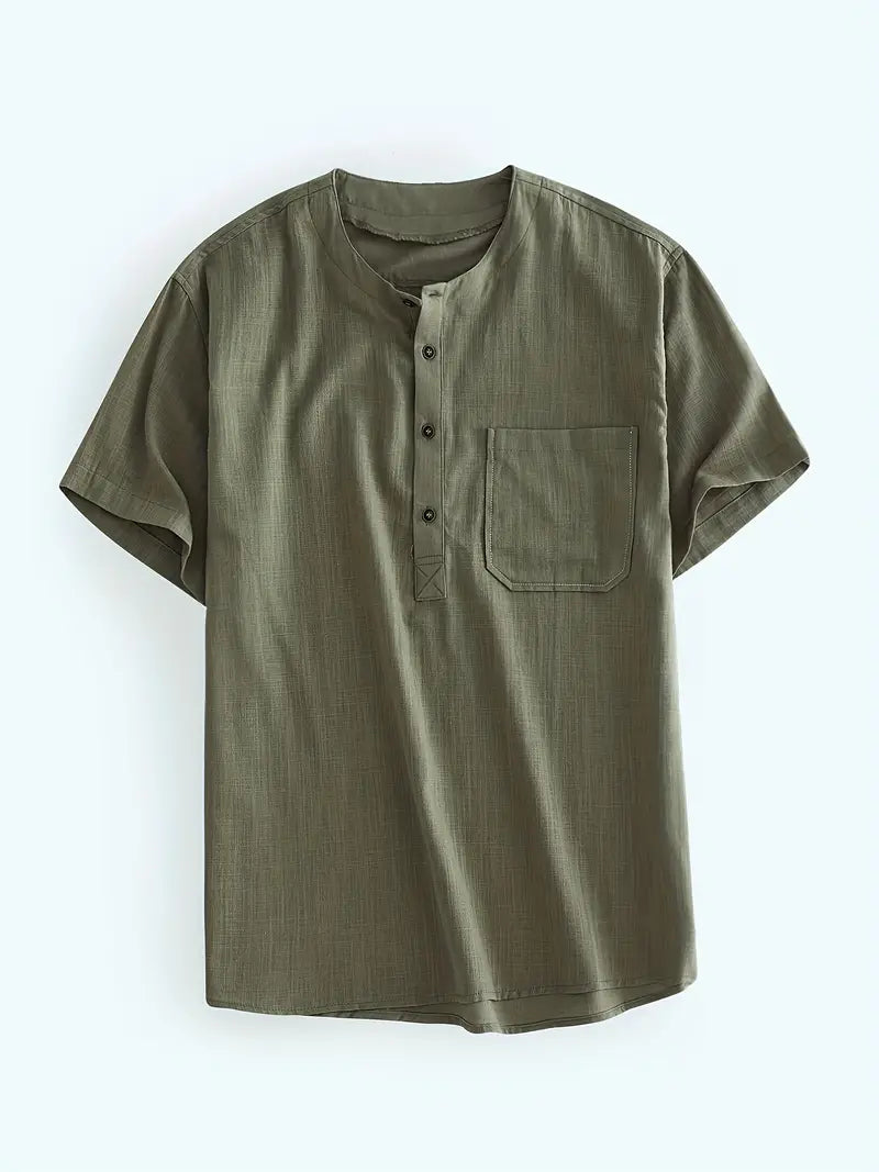 Effen linnen henley shirt met korte mouwen
