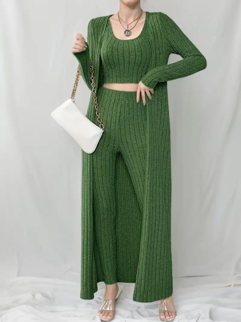 Lulu - Chique set bestaande uit een geribde trio crop tanktop, vest met lange mouwen en broek met hoge taille