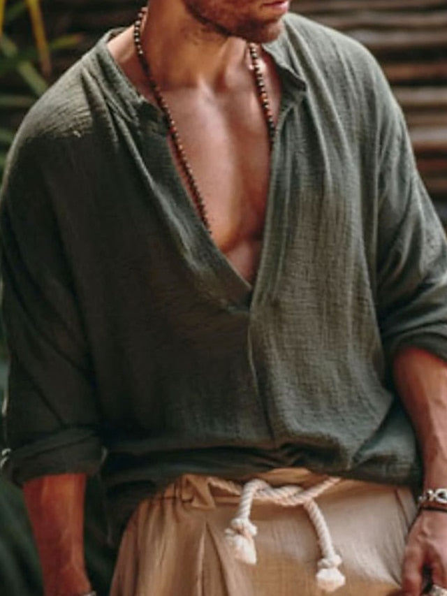 Roderick | Casual Lange Mouw V Hals Linnen Shirt